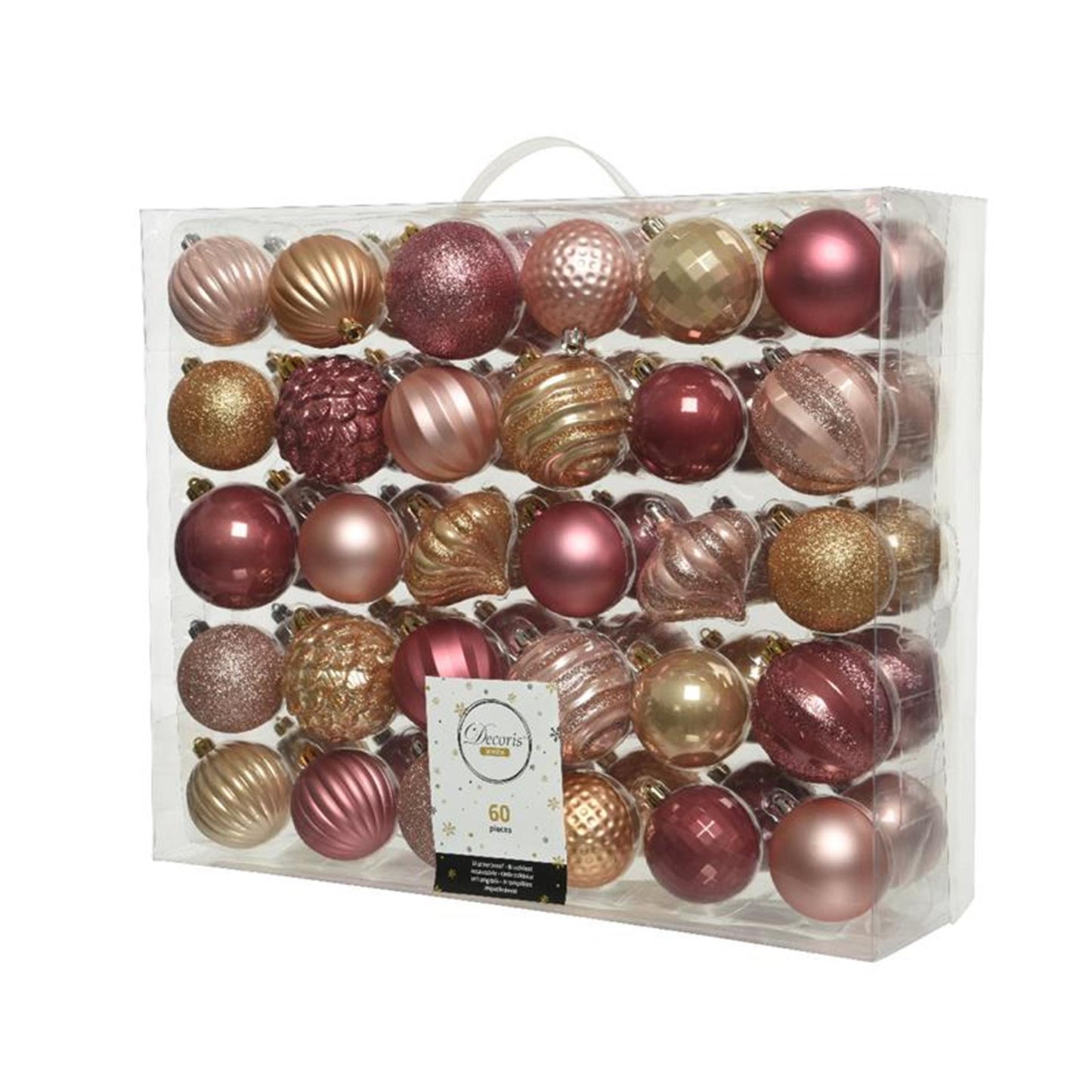 Decoris Jeu de boules de Noël en plastique 60 pièces rose