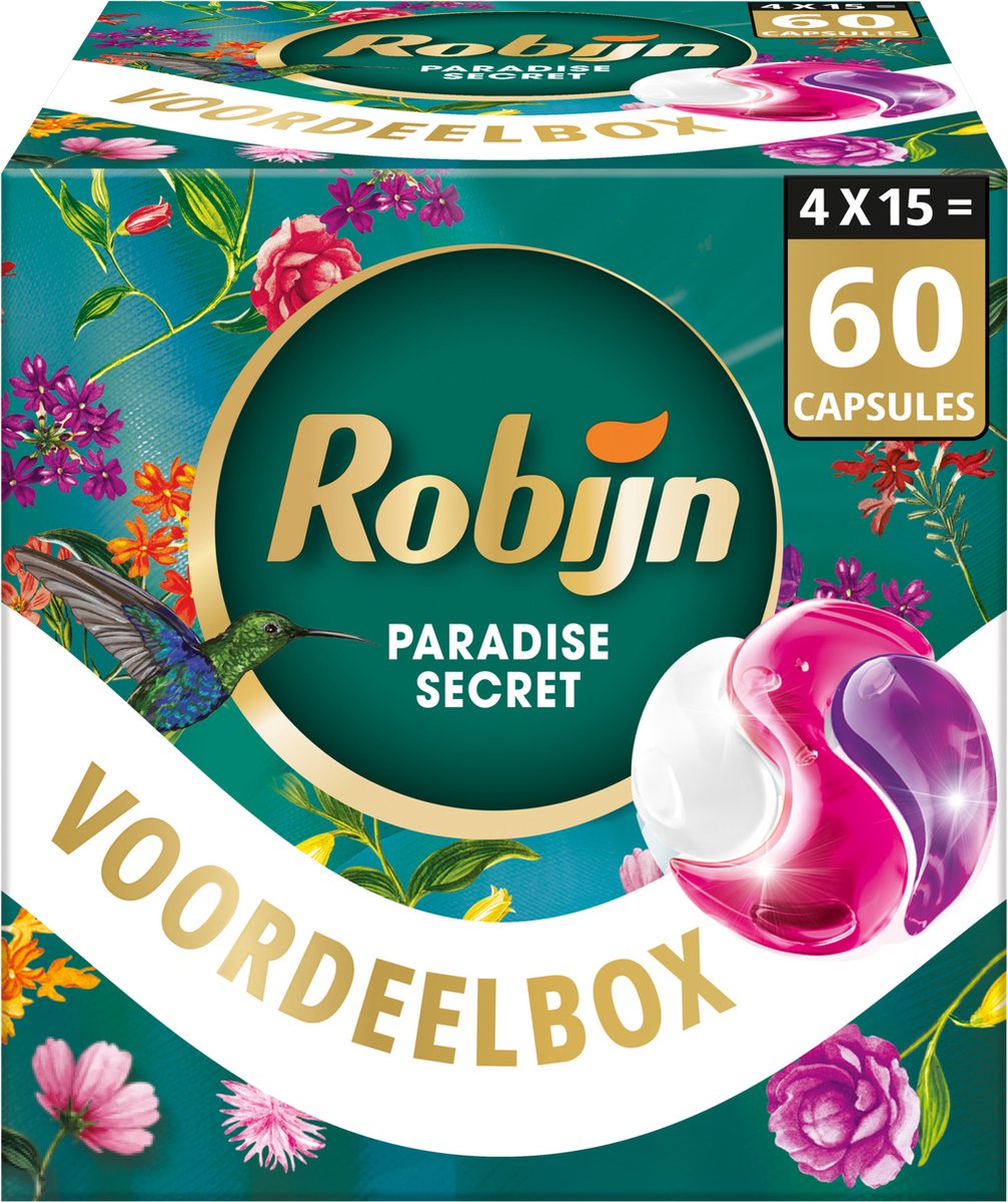 Robijn - Capsules de lavage 3 en 1 - Color Paradise Secret - 4 x 15 pièces - 60 lavages - Pack économique