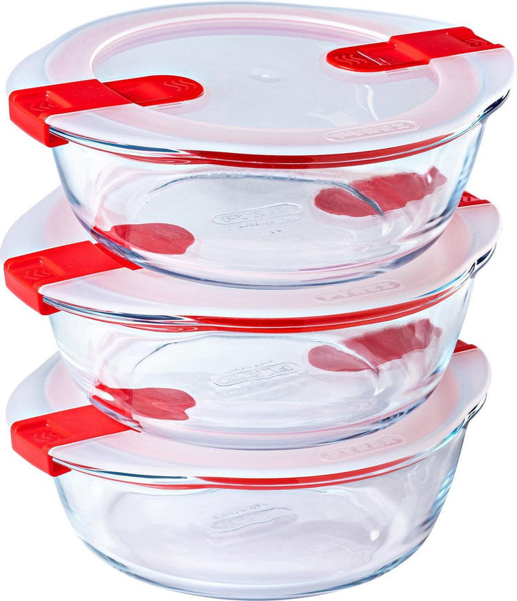 Pyrex - bol chauffant rond avec couvercle - capacité chacun 1,1 litre - lot de 3 pièces - transparent rouge blanc