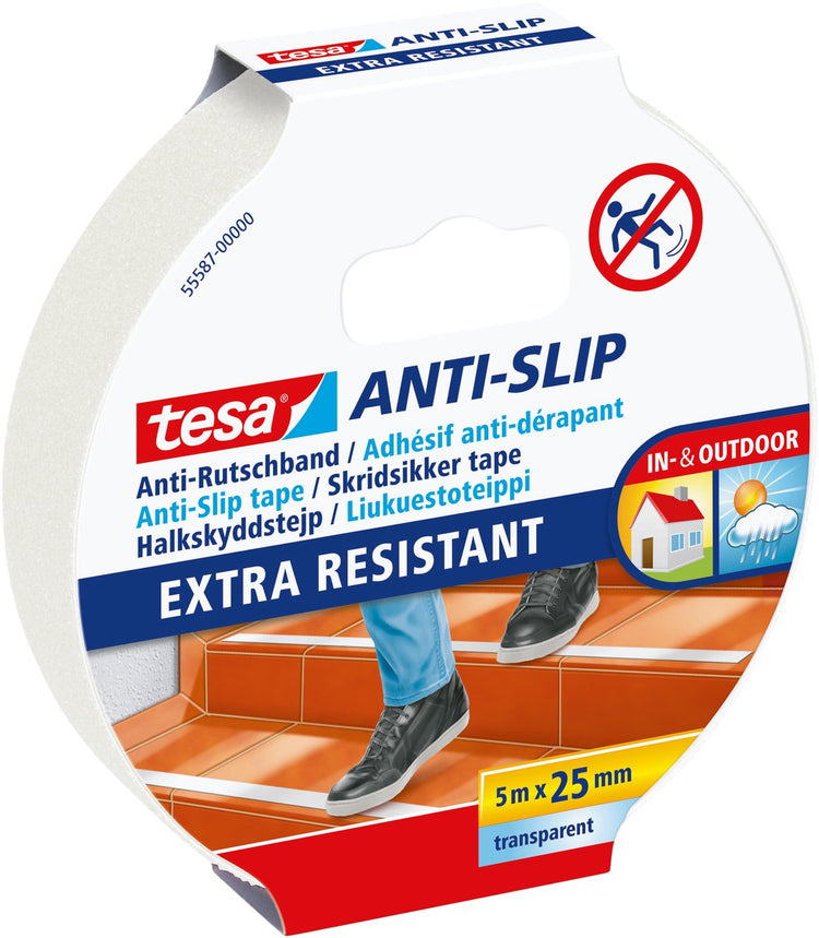 Tesa Ruban adhésif antidérapant pour escaliers, échelles, sols, intérieur, extérieur, autocollant – Transparent 5 m x 25 mm