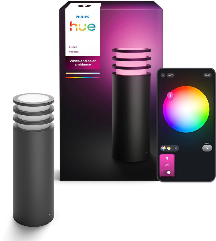 Lampe sur pied basse Philips Hue Lucca - éclairage de jardin - gris anthracite - IP44 résistant aux intempéries et au vent - lumière blanche et colorée - éclairage intelligent - 1100 lumens - compatible avec la matière