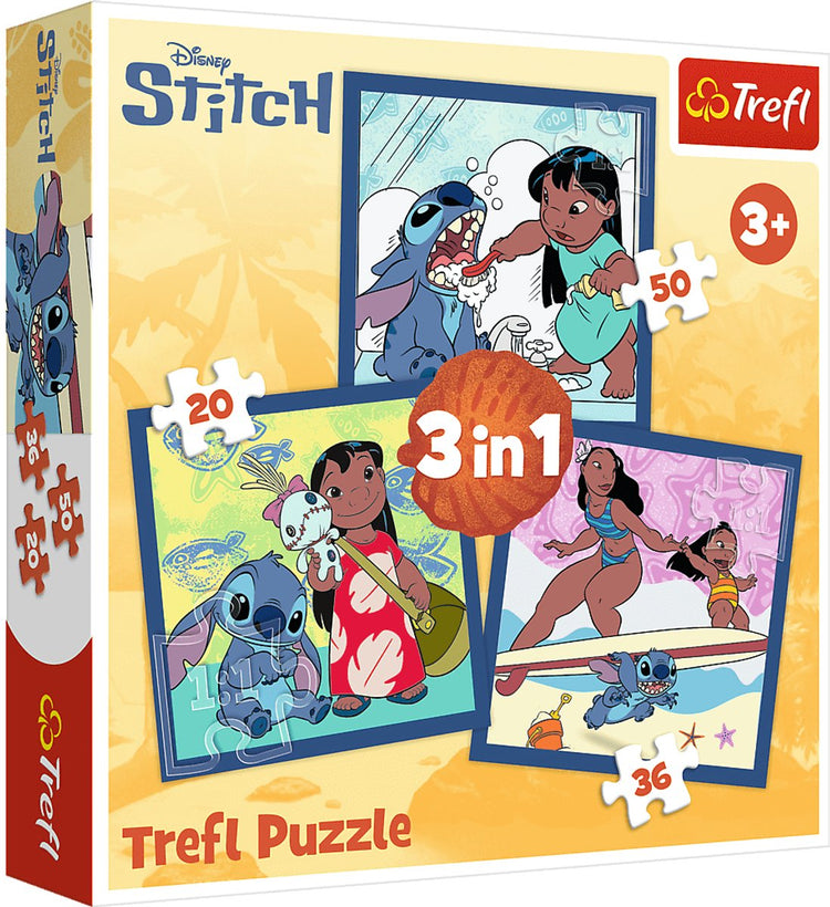 Trefl puzzle 3en1 disney lilo stitch - jeu éducatif pour enfants en carton fsc.