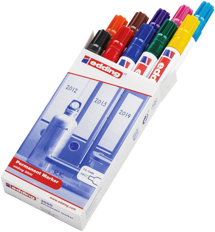 Marqueur permanent Edding 3000 - 10 couleurs - 10 marqueurs - pointe ronde 1,5-3 mm - résistant à l'eau et à l'abrasion - pour carton, plastique, bois, métal... - marqueurs à alcool pour adultes