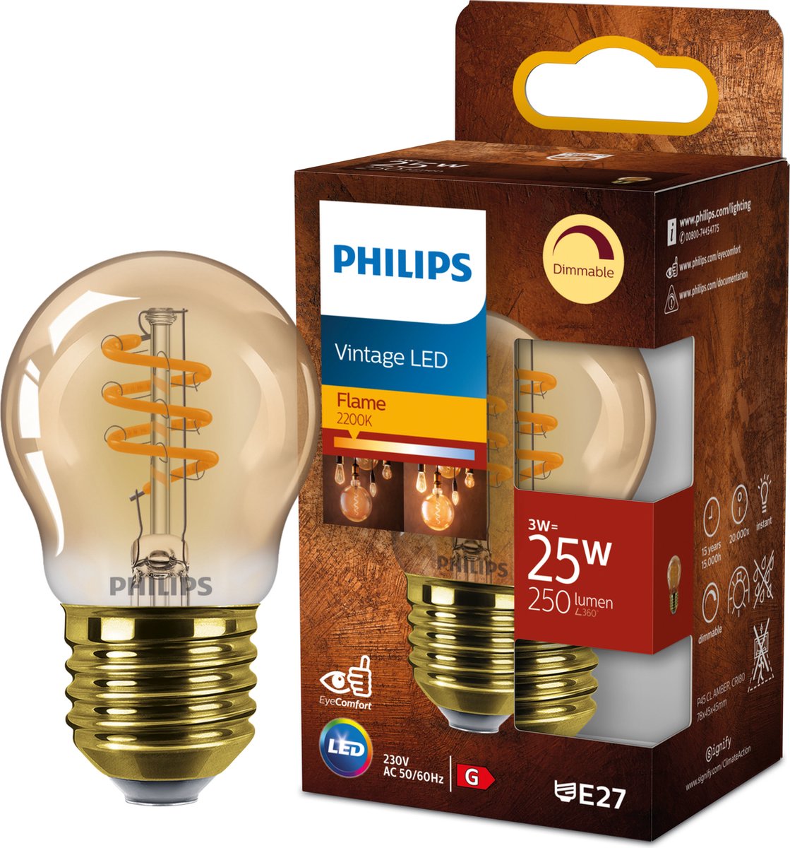 Lampe boule LED Philips spirale dorée - 25 w - E27 - lumière blanc très chaud dimmable