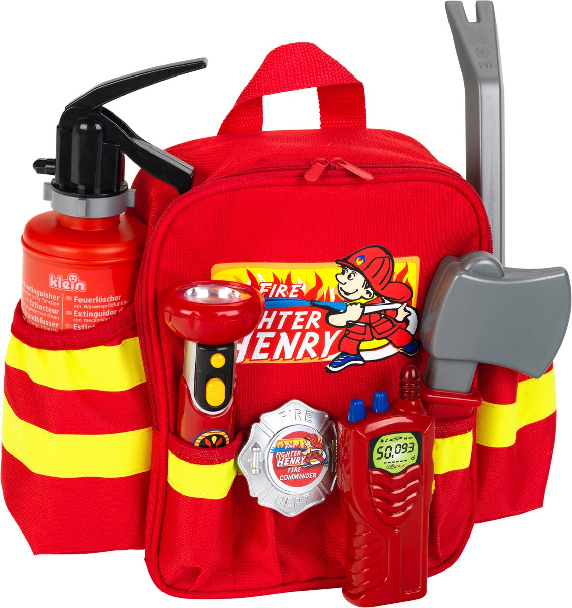 Sac à dos des pompiers Klein Toys - 28x25x8,5 cm - incl. accessoires, bretelles réglables et grande ouverture pour un emballage et un rangement faciles - rouge jaune