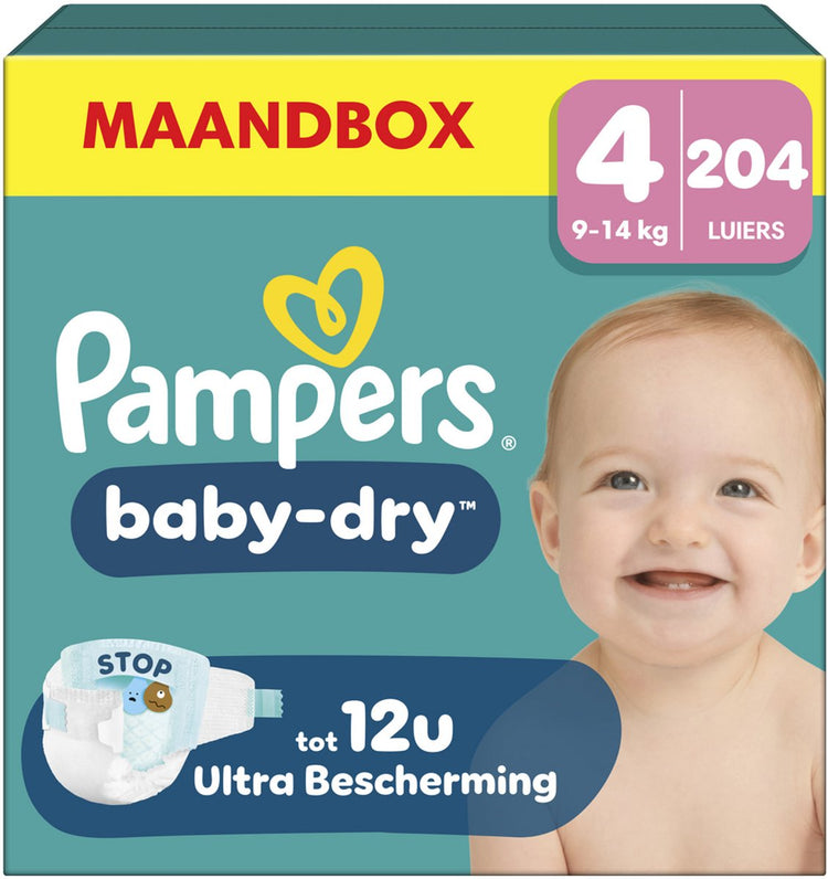 Pampers baby-dry taille 4 - 204 couches - 9kg-14kg - boîte mensuelle