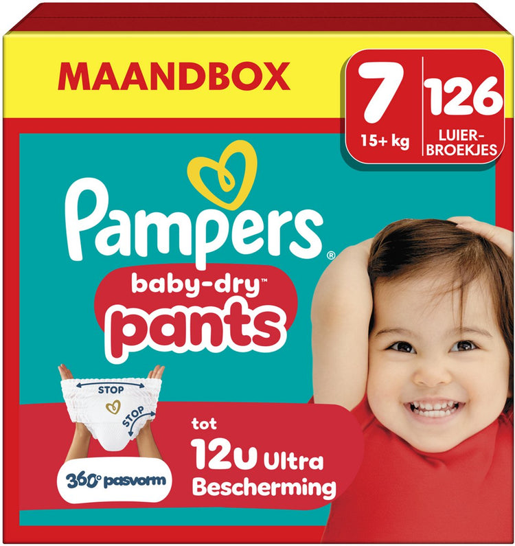 Pantalons Pampers baby-dry taille 7 - 126 couches-culottes -15kg+ - boîte mensuelle