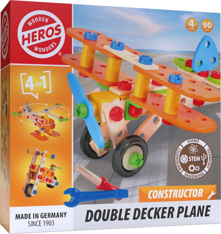 Avion à deux étages Heros Constructor – Jouets de construction – 4 en 1 – 90 pièces – Jeu de construction en bois – Bois FSC – Fabriqué en Allemagne – À construire soi-même – à partir de 4 ans