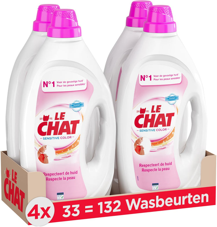 Le chat gel sensible couleur - lessive liquide - convient au linge coloré - parfum frais - savon de Marseille - pack économique - 4 x 33 lavages