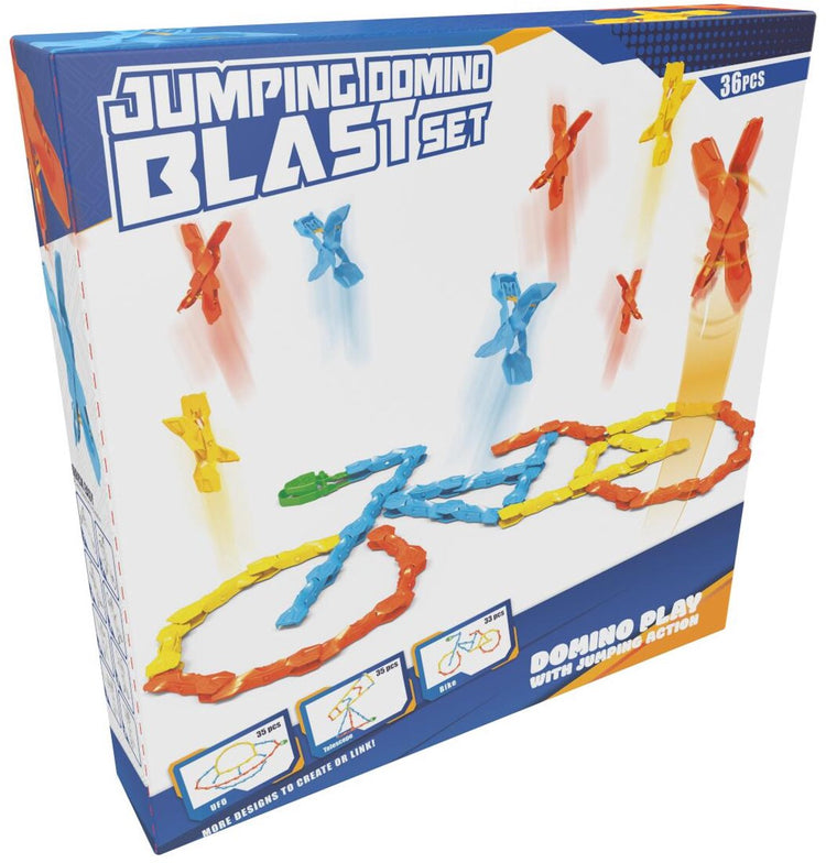 Eddy Toys Jumping Domino Blast Set 36 pièces - Jeu de dominos pour enfants avec effet pop-up - Jeu de dominos sautants avec action - Jeu de cascades de dominos piste de dominos interactive - Amusant de construction coloré