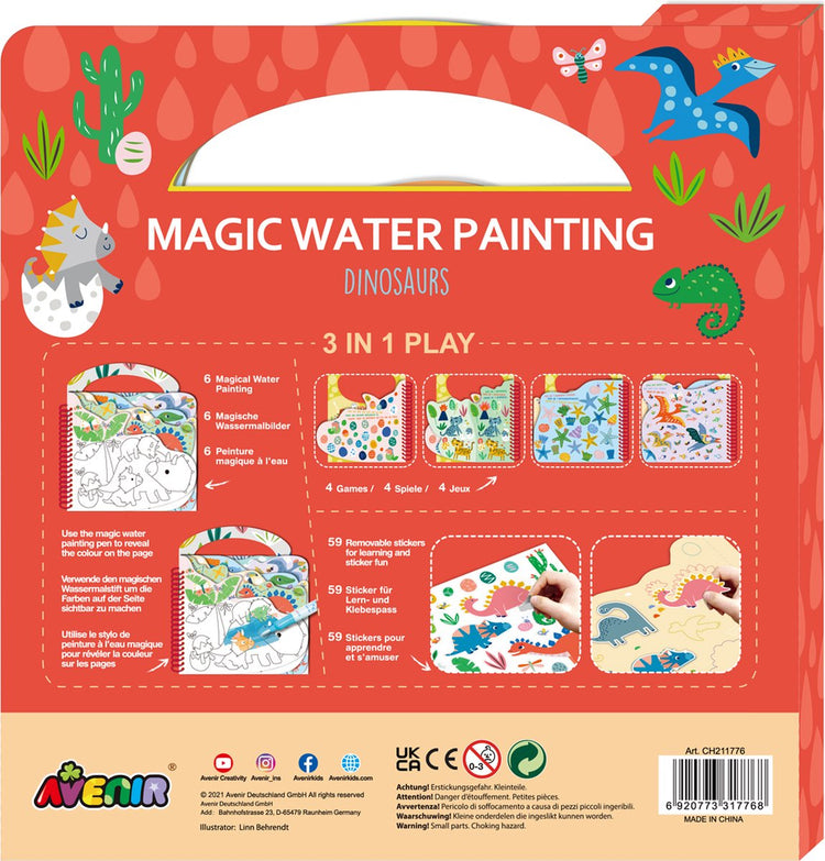 Peinture à l'eau magique Avenir : livre dinosaures 21,7x2x22,7cm, 6 pages réutilisables avec jeu 3 en 1, 3+