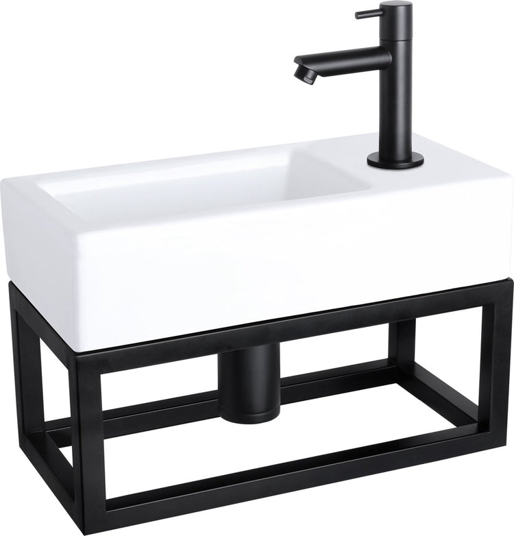 Ensemble fontaine Differnz Helios - 37,5x18,5x9,5cm - rectangle - 1 trou de robinetterie à droite - robinet droit noir mat - avec cadre noir - céramique blanche