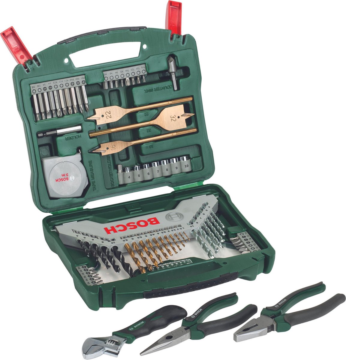 Jeu de forets Bosch x-line - 70 pièces - série Titanium Plus - pour bois, métal et pierre - avec outils manuels gratuits
