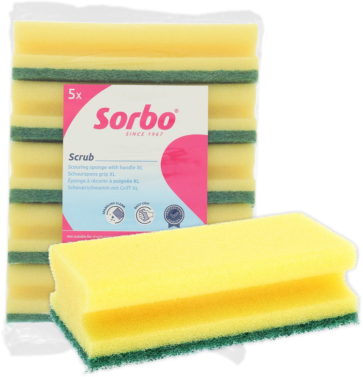 Sorbo éponge à récurer jumbo – lot de 5 pièces – éponge extra large avec manche – éponge en viscose avec surface de ponçage verte – pour saletés et graisses tenaces