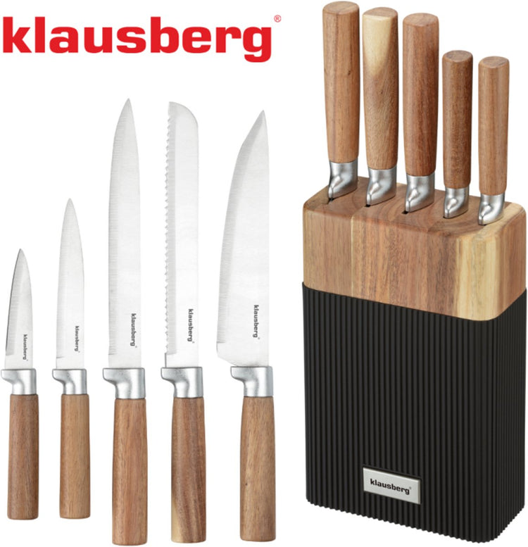 Klausberg kb-7981 ensemble de couteaux 6 pièces - 5 couteaux avec bloc en bois d'acacia - acier inoxydable noir - bloc à couteaux comprenant des couteaux - aspect naturel - couteau de chef - couteau à pain -