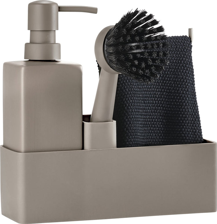 Set de vaisselle Zone Denmark 19 x 6 x 20,5 cm avec torchon, distributeur de savon en céramique et brosse à vaisselle - 4 pièces taupe - set de vaisselle