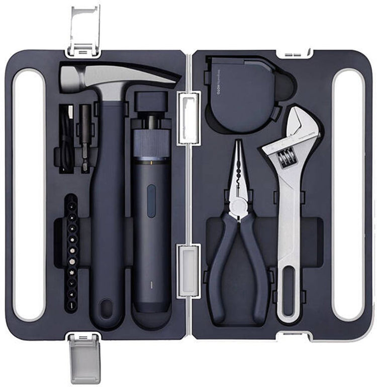 Ensemble d'outils de tournevis électrique sans fil Hoto 3,6 V – Kit de bricolage 5 en 1 – Lampe LED, 3 réglages de couple, 10 embouts, tournevis électrique sans fil, marteau, pince, clé à molette et ruban à mesurer – étui de rangement compact