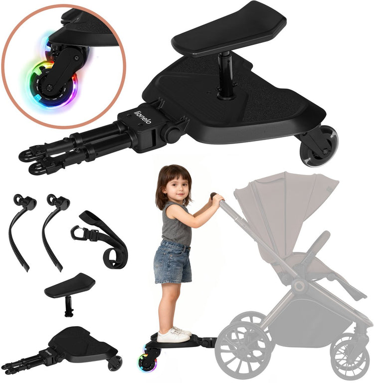 Planche à roulettes Lionelo buggy board - marchepied pour poussette - option assis et debout - universel - roues LED - siège réglable - plateforme antidérapante - jusqu'à 25 kg - 2-5 ans - montage facile