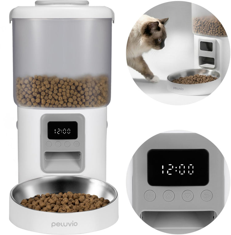 Gamelle automatique croustillante pour chat Peluvio - Distributeur automatique de nourriture pour chat - Croquettes 4,5l - Minuterie jusqu'à 4 repas - Écran LCD - Gamelle en acier inoxydable - Batterie de secours - sans application
