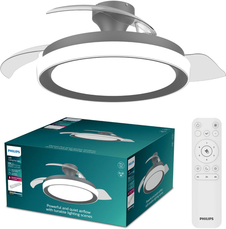 Philips LED Ventilateur de plafond Philips Bliss avec lampe LED intégrée - 3 pales rétractables, diamètre : 106 cm - 4500 lumens - lumière blanche réglable de 2700k à 6500k - dimmable jusqu'à 5% - télécommande - noir