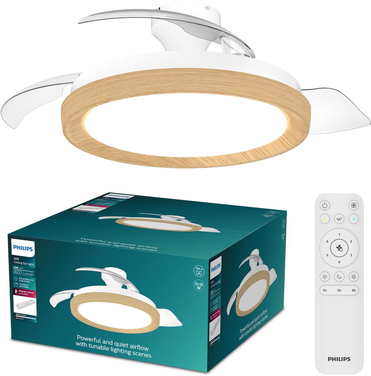 Philips LED Ventilateur de plafond Philips Bliss avec lampe LED intégrée - 3 pales rétractables, diamètre : 106 cm - 4500 lumens - lumière blanche réglable de 2700k à 6500k - dimmable jusqu'à 5% - télécommande - bois