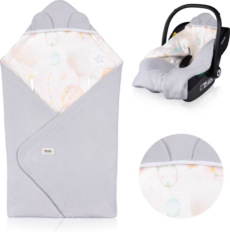 Couverture d'emmaillotage de voyage Lionelo - enveloppe pour poussette de siège auto - 100% coton bambou - tog 2,5 - hypoallergénique - pour automne hiver - réglable avec velcro - 90x90 cm - respirant doux - lavable en machine