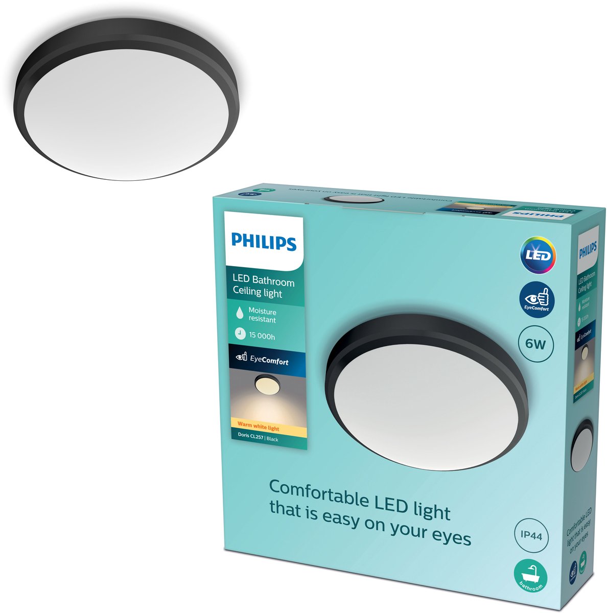 Philips LED Plafonnier de salle de bain Philips Doris - noir - petit - 6 W