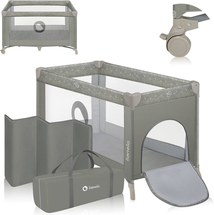 Lit de camping Lionelo 3 en 1 - lit bébé parc pliant lit de voyage - 60x120 cm - 0-36 mois jusqu'à 15 kg - avec matelas confort - entrée latérale avec fermeture éclair - roulettes - sac de transport - lit bébé stefi berceau bébé