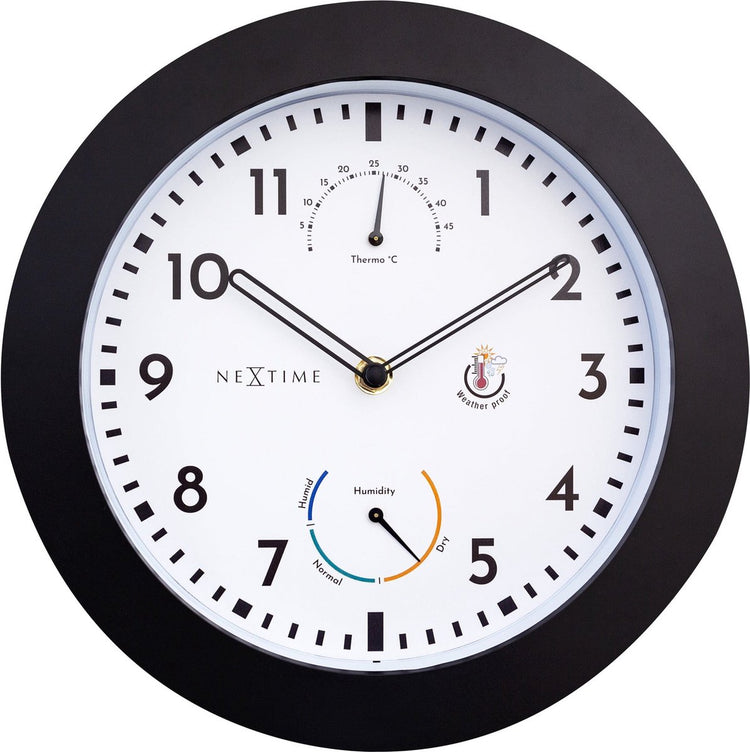 Nextime Daisy – Horloge murale station météo – 25,5 cm – métal – noir et blanc – résistante aux intempéries