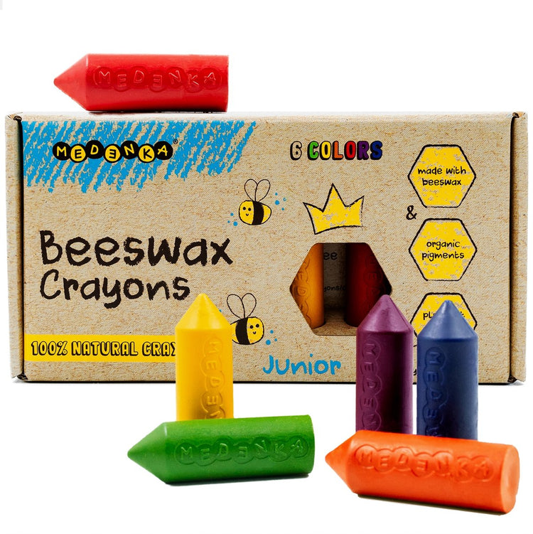 Crayons de cire d'abeille Medenka ® junior - Crayons de dessin écologiques et sûrs pour enfants - En cire d'abeille pure - Prise douce pour les petites mains - Couleurs vives - Composition naturelle durable