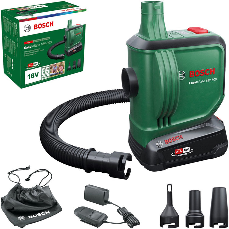 Bosch easyinflate 18v-500 - pompe à air sur batterie - incl. 1x batterie 18v 2,0 ah - chargeur - 3 buses - tuyau 50cm - sac de rangement