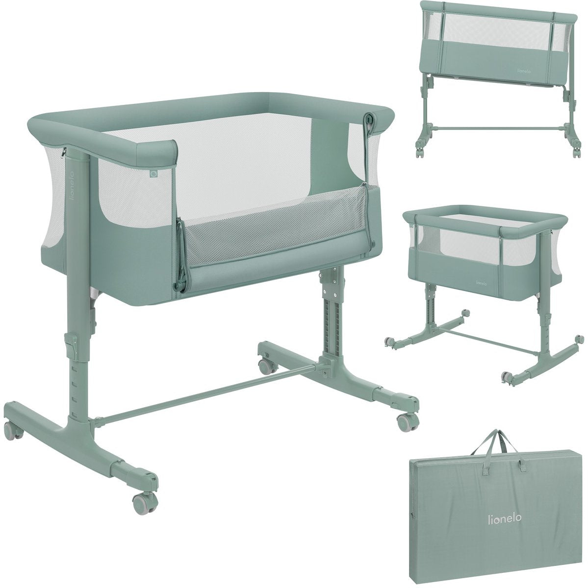 Cododo Lionelo Aurora 3en1 - lit bébé jusqu'à 9 kg - lit de croissance - 4 roues avec freins - lit de camping - hauteur réglable - maille respirante - avec sac de transport pour matelas - housse amovible