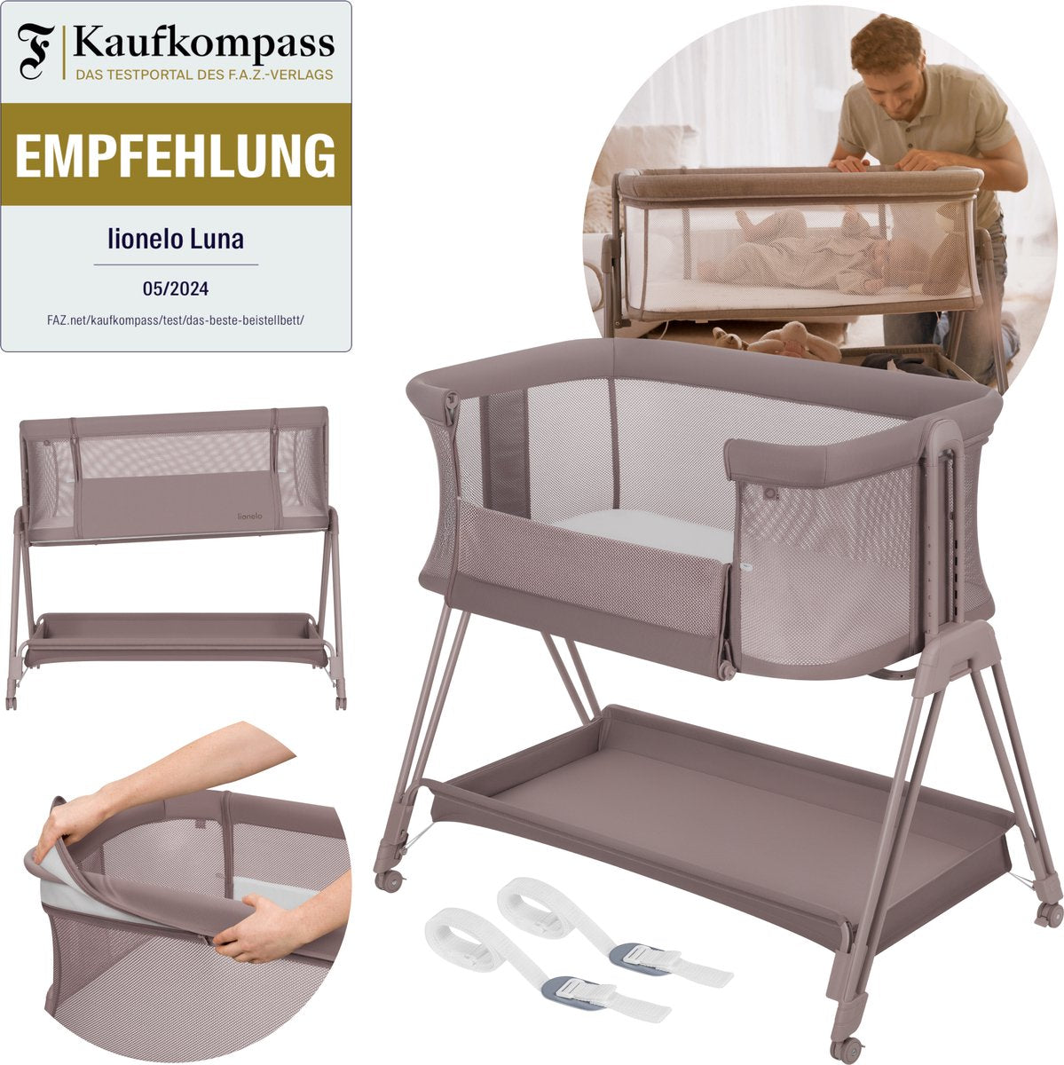 Lionelo luna – Lit bébé cododo 2 en 1 – naissance jusqu'à 9 kg – 7 positions de hauteur – matelas inclinable – côtés en filet – roulettes avec blocs – housse lavable – panier de rangement inclus