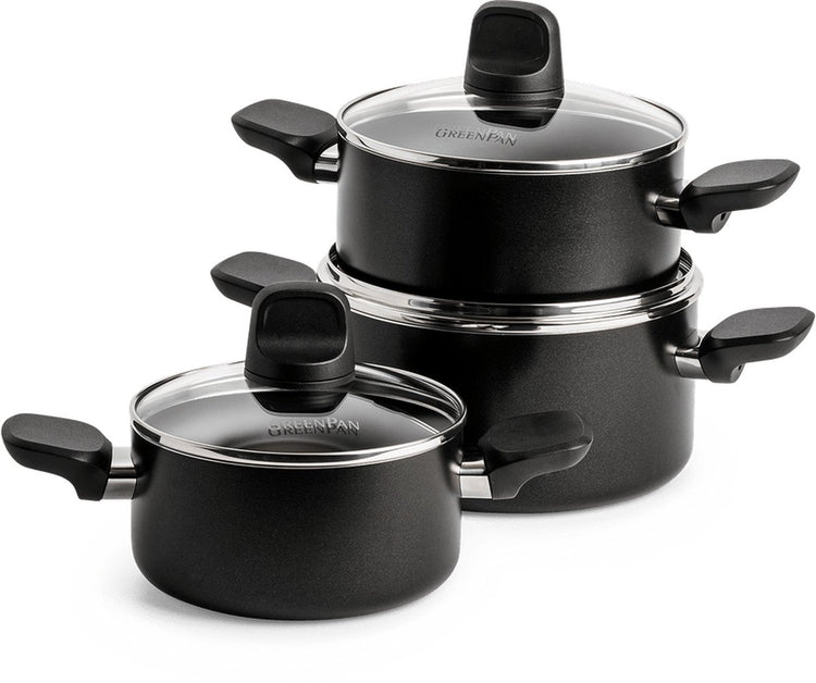 Greenpan Memphis set de poêles 6 pièces - 16 18 20 cm - 1,6 2,1 3,1 l - revêtement antiadhésif sans PFA - set de poêles à induction - poêle en céramique - passe au four jusqu'à 160°c - poignées froides - avec couvercle en verre - noir