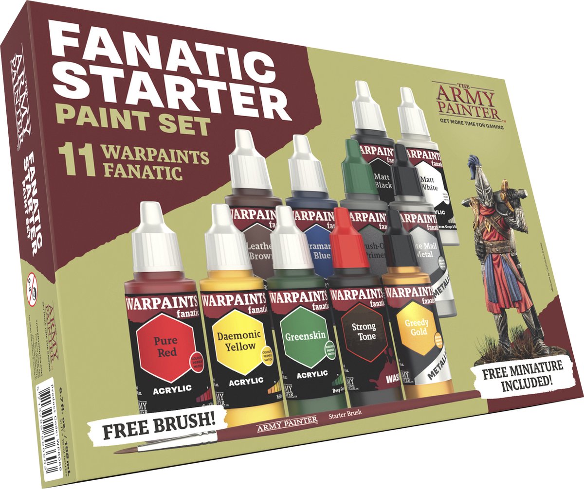Le peintre de l'armée fanatique des peintures de guerre : kit de démarrage, 11 peintures : 7 couleurs acryliques, 2 métallisées, 1 lavis, 1 apprêt à appliquer au pinceau, 1 figurine miniature gratuite et un pinceau de démarrage