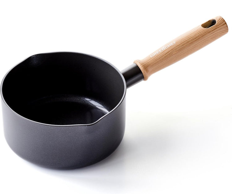 Casserole vintage Greenchef 16 cm - 1,6 l - revêtement antiadhésif sans PFA - casserole induction - poêle en céramique - passe au four jusqu'à 160°c - manche en bois - poignée de refroidissement - sans couvercle - noir