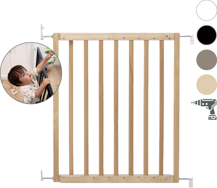 Barrière d'escalier Geuther - Barrière de sécurité Maya - Barrière d'escalier extensible en bois - Barrière à vis avec perceuses - Barrière de sécurité avec fixation murale - Eco - de 63,5 à 105,5 cm