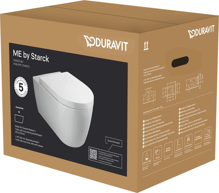 Duravit starck me pack WC mural à fond creux sans rebord 37x57cm avec abattant WC à fermeture amortie blanc