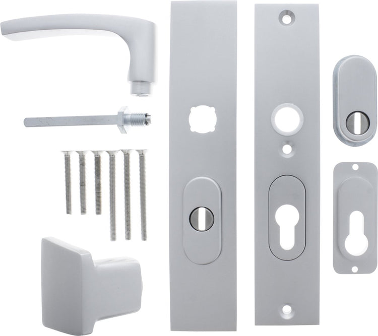 Ferrures de sécurité Starx avec protection contre la traction du noyau - ferrures de porte en aluminium - poignée poussoir - bouclier long pc55 pc72mm