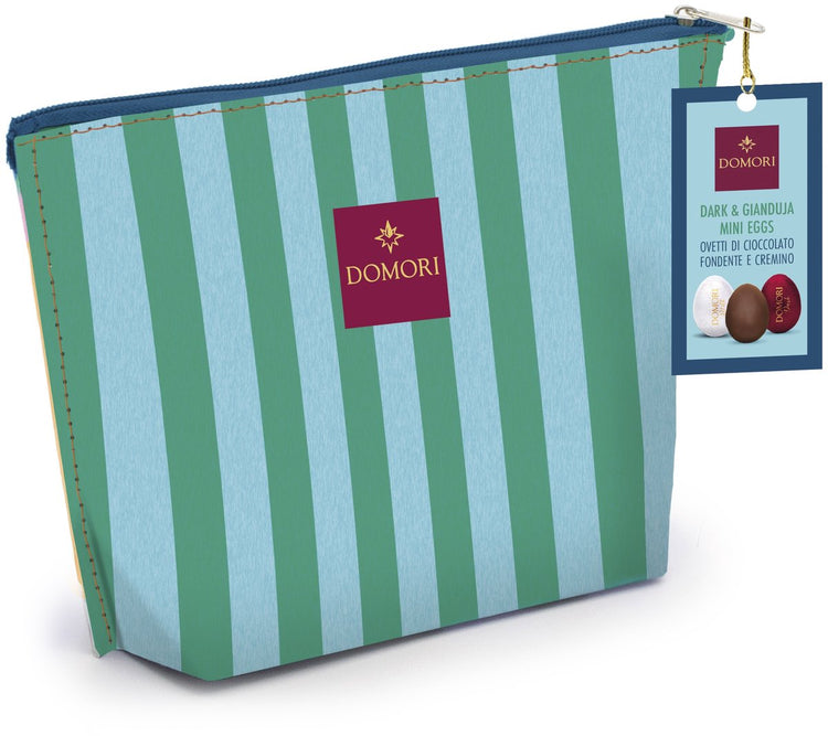 Domori - Œuf de Pâques en chocolat de luxe de la collection Cabana – assortiment d'œufs en chocolat noir au gianduia – coffret cadeau haut de gamme – pochette verte et bleu clair – emballage à emporter pour les déplacements