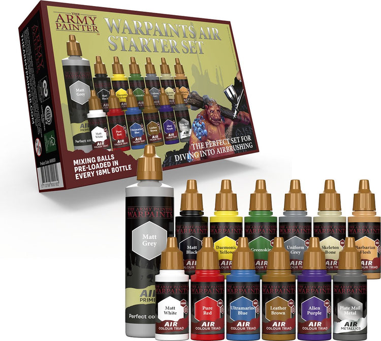 The Army Painter Warpaints Air Starter Set, 12 Warpaints dans des flacons compte-gouttes de 18 ml (dont 1 métallisé, 1 gris 100 ml d'apprêt), peinture acrylique non toxique à base d'eau, ensemble de peinture acrylique pour aérographe