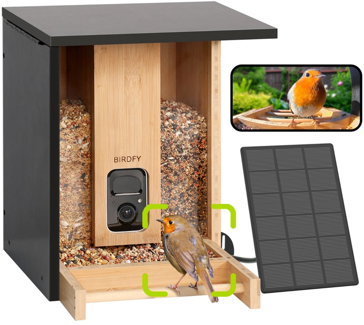 Birdfy feeder bamboo – vogelhuisje met camera – live vogels spotten via je smartphone - slim voederhuisje met ai‑herkenning 1080p hd – kleur‑nachtzicht – zonnepaneel draadloos – duurzaam bamboe design - cadeau voor natuurliefhebbers