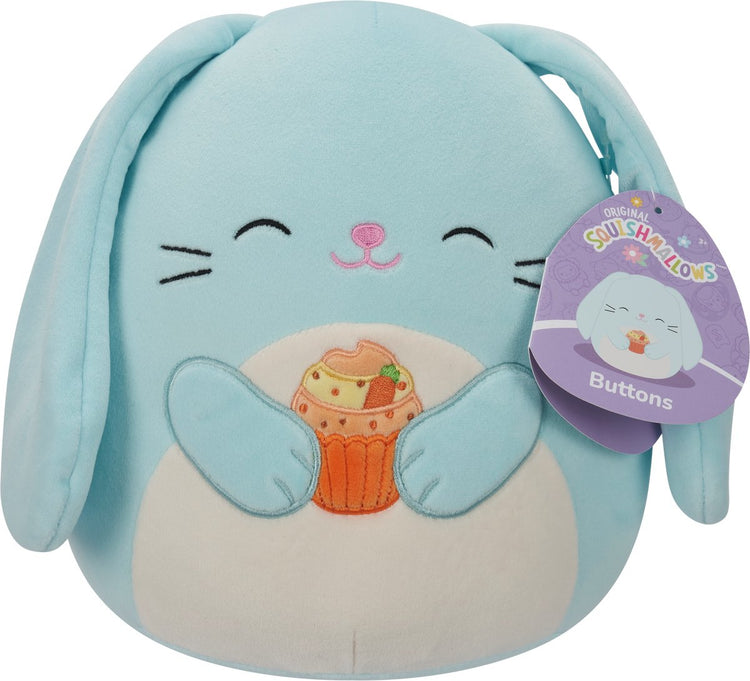 Squishmallows Jazwares - petite peluche - (boutons - lapin bleu avec ventre blanc tenant un cupcake aux carottes) - peluche 19 cm