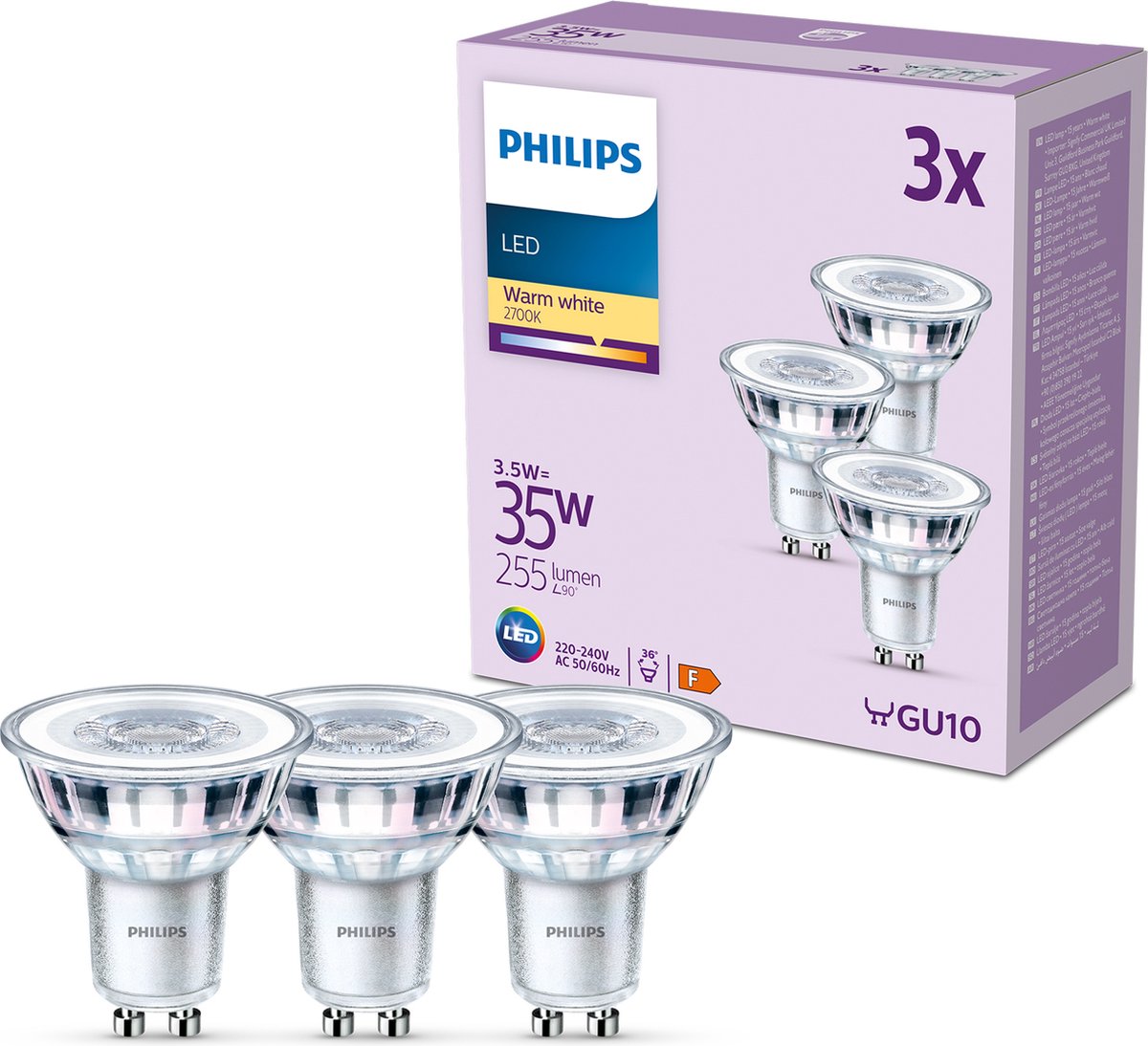 Spot LED Philips - 35 w - gu10 - lumière blanc chaud - 3 pièces
