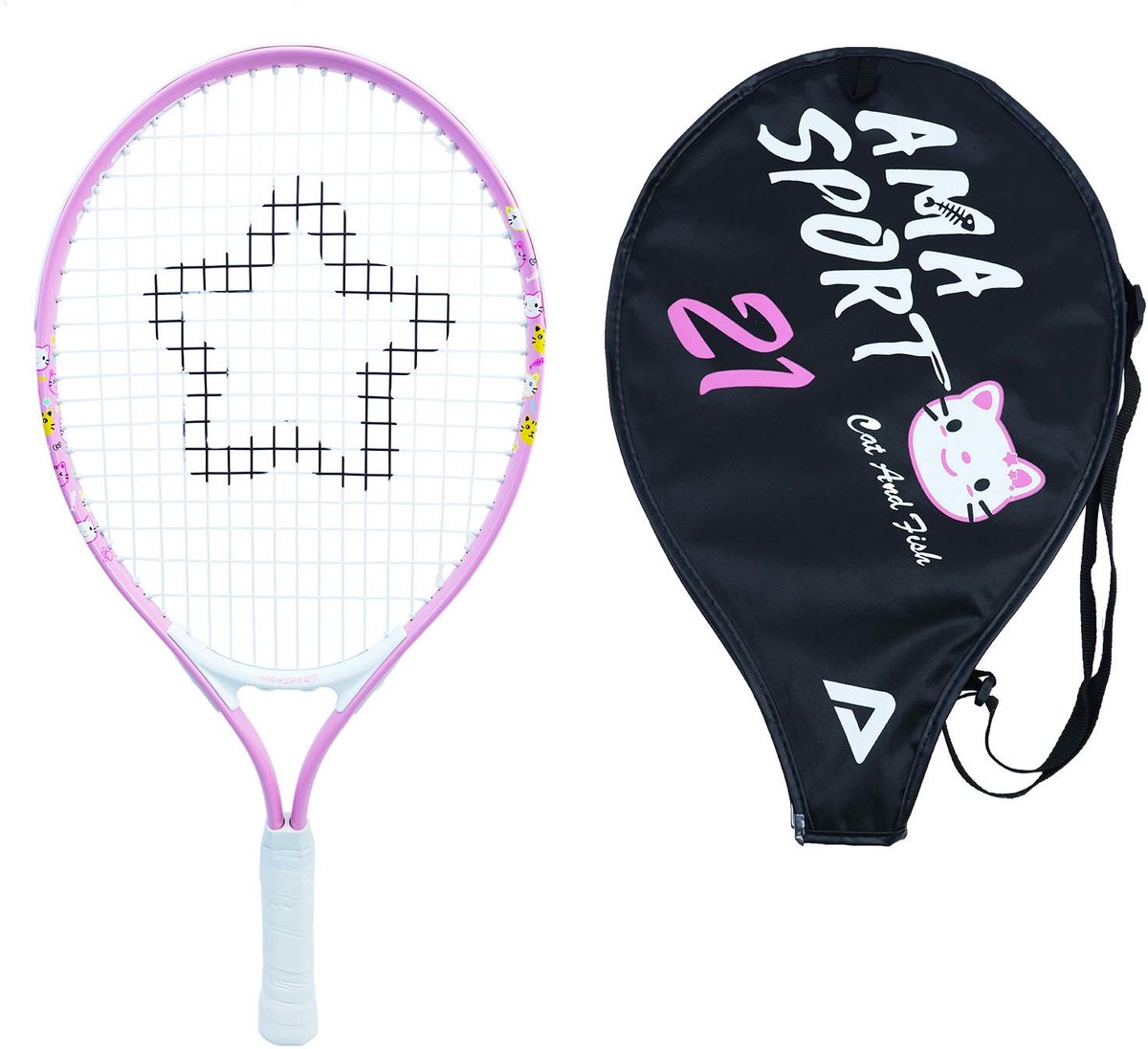 Ama sport raquette de tennis enfant chat rose 21 pouces - raquette junior légère avec sac - idéale pour les débutants -