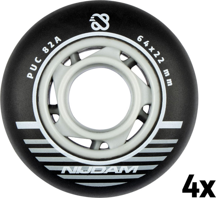 Jeu de roues pour patins à roues alignées Nijdam - 64x24 mm - 4 pcs - noir - noir argent blanc