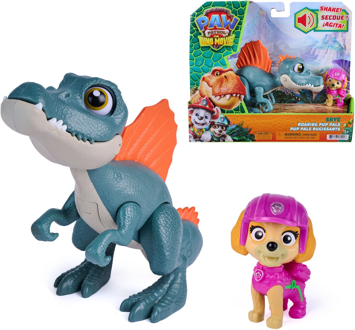 Paw Patrol - The Dino Movie - Skye Roaring Pup Pals, contient un dinosaure mobile Spinosaurus de 12,7 cm avec des sons activés et une figurine d'action Skye