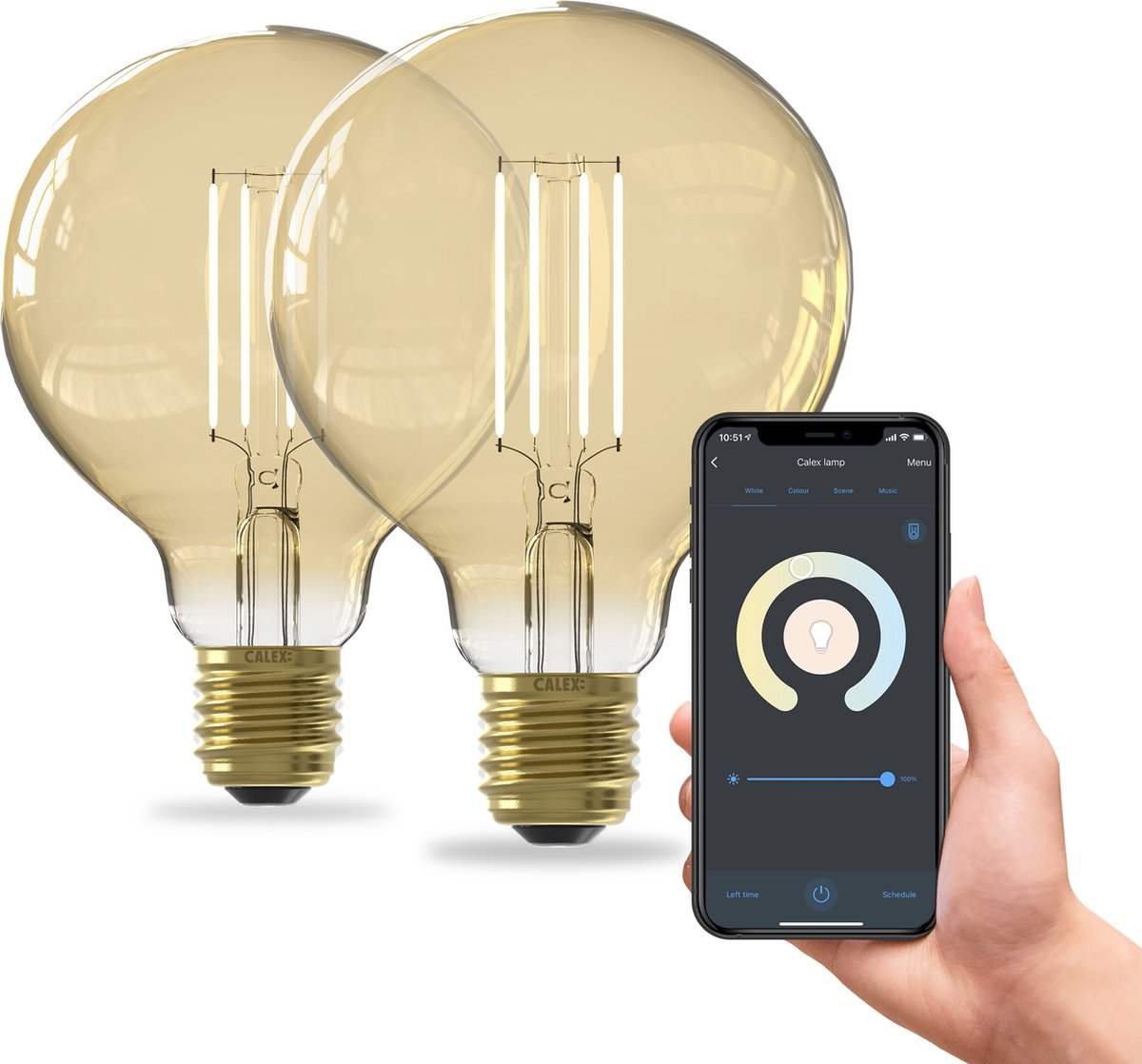 Lampe intelligente Calex - lot de 2 pièces - éclairage à filament LED WiFi - globe 9,5 cm - E27 - ampoule intelligente or - dimmable - lumière blanc chaud - 7w