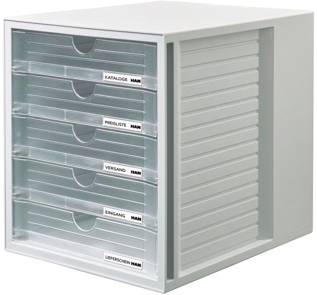 Commode Han avec 5 tiroirs fermés, gris clair transparent
