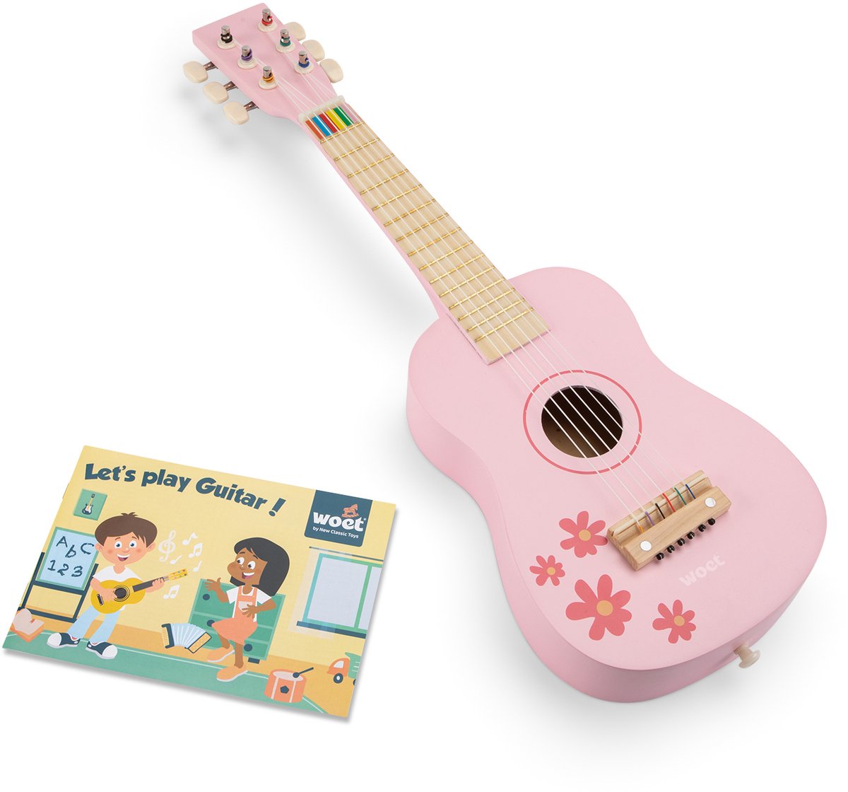 Woet ® guitare jouet en bois avec sangle de transport - rose avec fleurs - instrument jouet - ma première guitare avec livret de musique - jouer de la guitare pour les enfants - à partir de 3 ans